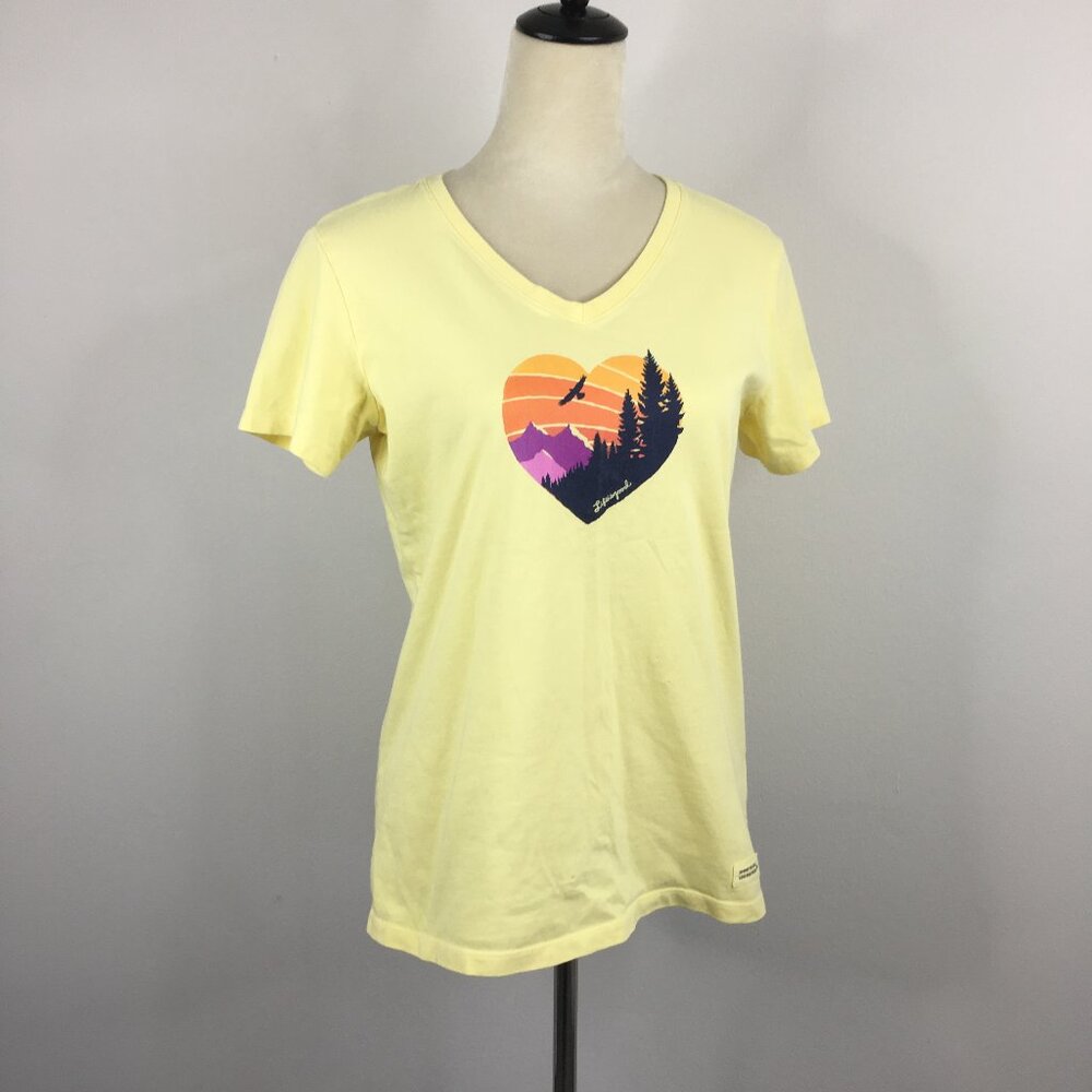 LIFE IS GOOD Crusher Yellow Multi-Color Heart Print Short Sleeve Tee Shirt
